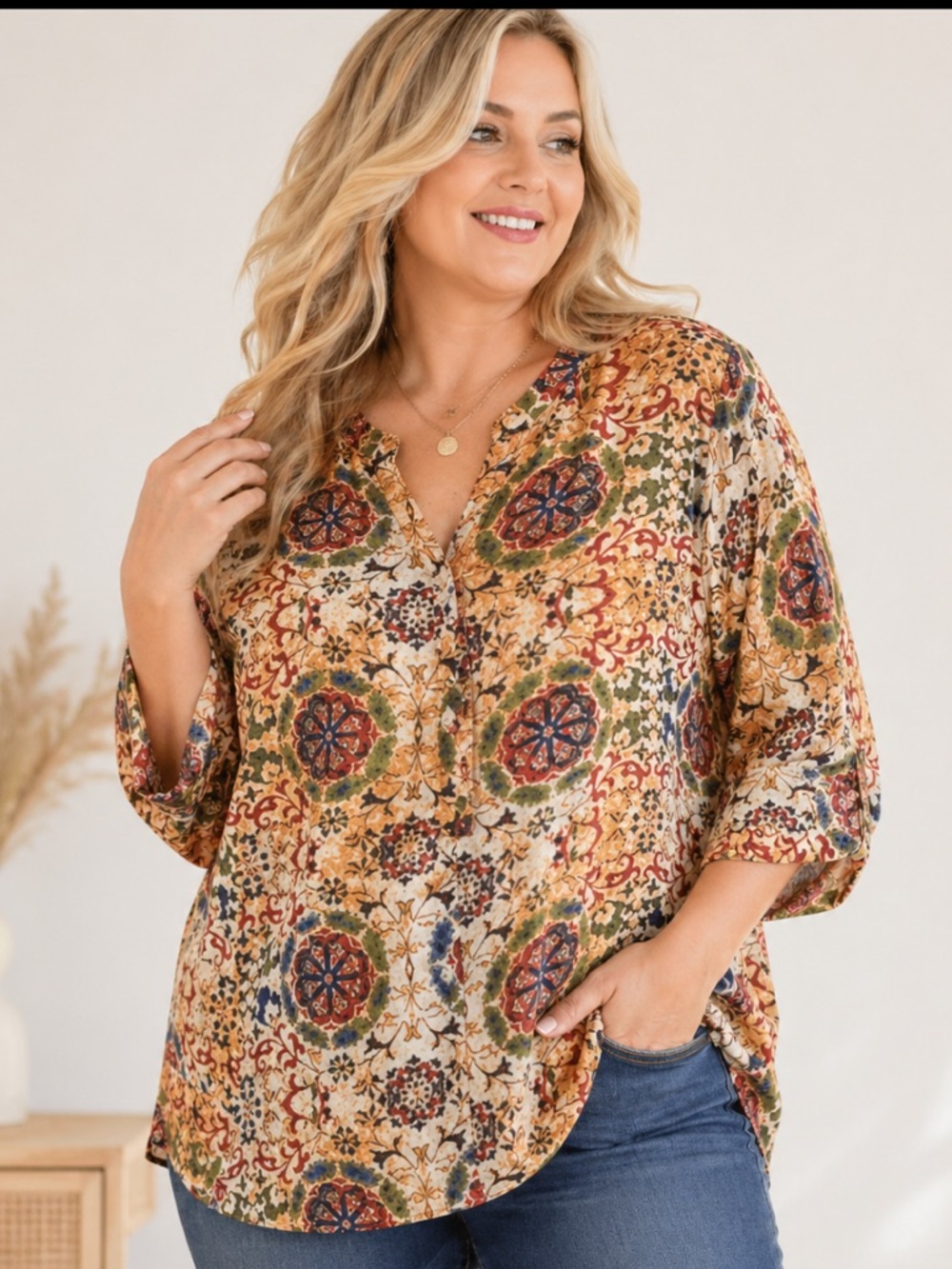 LA CERA Women's Printed Button Down Shirt Rust Plus Size 2X 3/4 Sleeves V-Neck